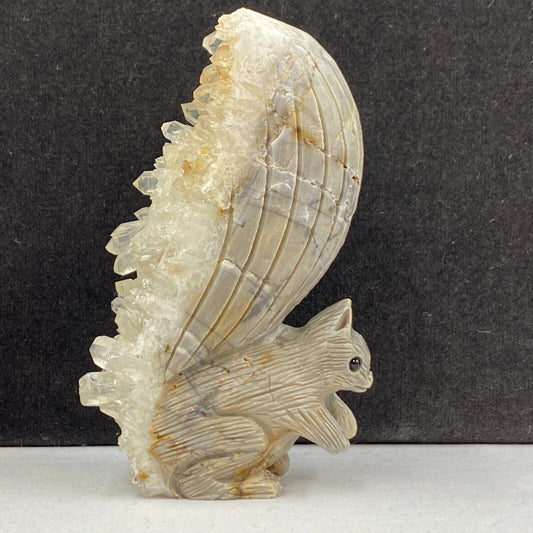 Unusual Stone Squirrel with Quartz Crystals, 84mm Tall, 150g (Gray, White, Cream)