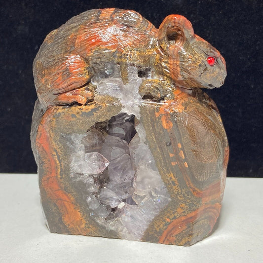 Jasper Mouse with Quartz Crystals, 71mm Tall, 234g (Brown, Red, Gray)