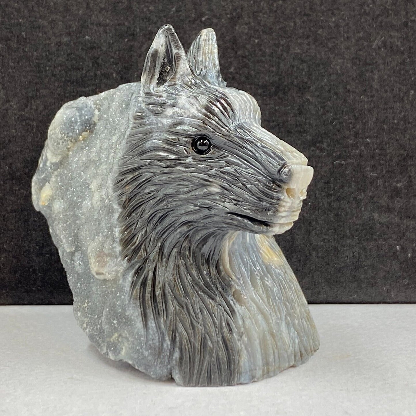 Unusual Sphalite Wolf with Druzy Quartz Crystals, 65mm Tall, 211g (Gray, Black)