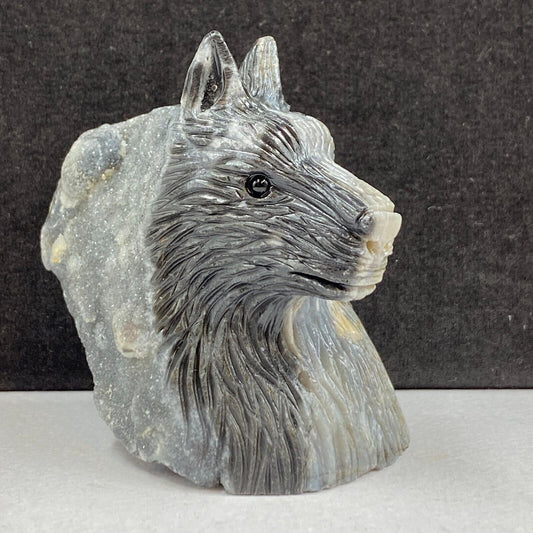 Unusual Sphalite Wolf with Druzy Quartz Crystals, 65mm Tall, 211g (Gray, Black)