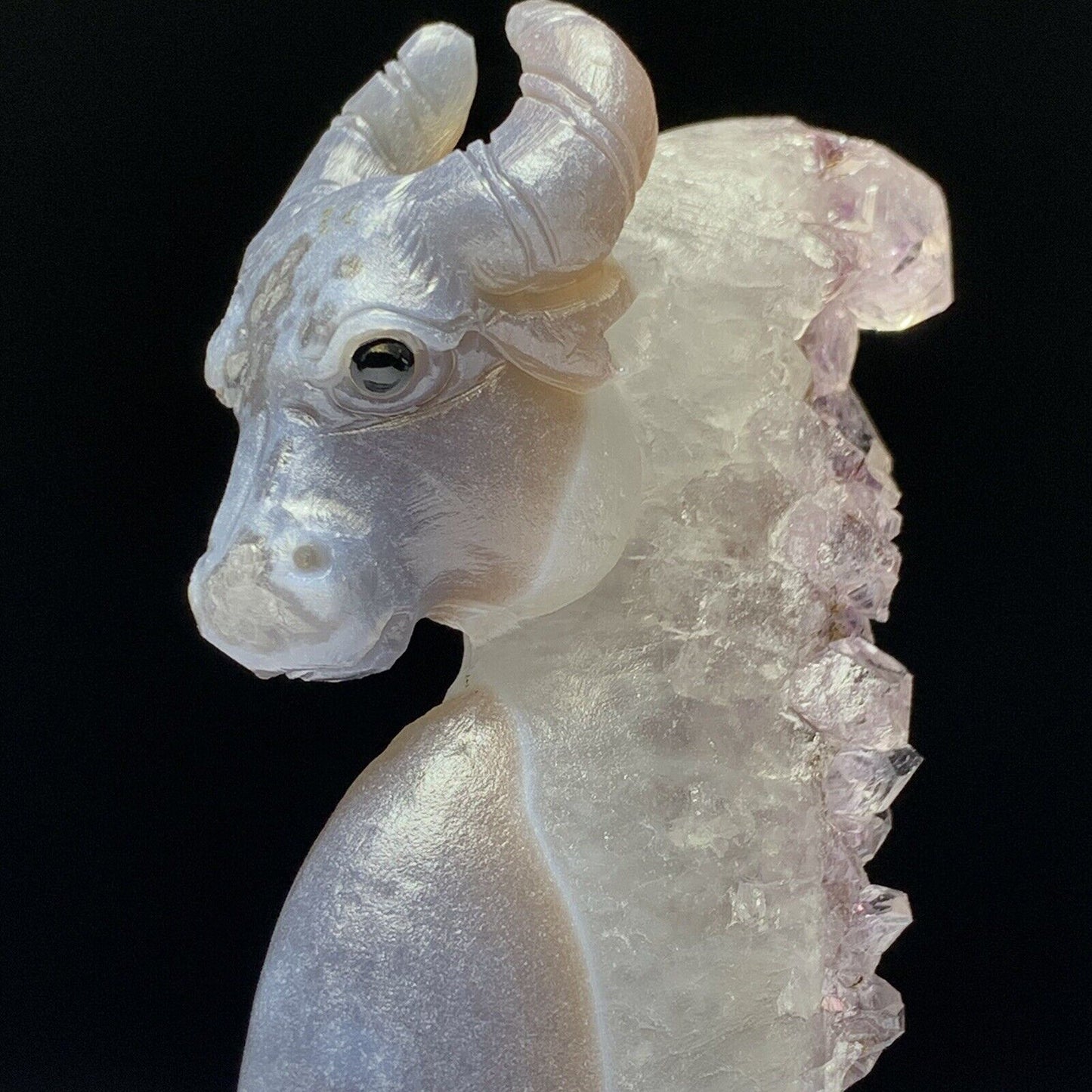 Rare Agate Cow with Amethyst Crystals, 97mm Tall, 295g (Purple, White, Clear)