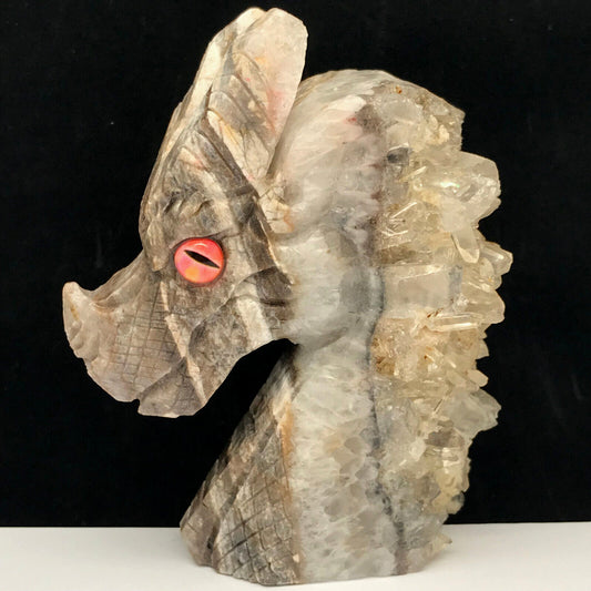 Rare Stone Dragon with Quartz Crystals, 95mm Tall, 307g (Gray, Cream, White)