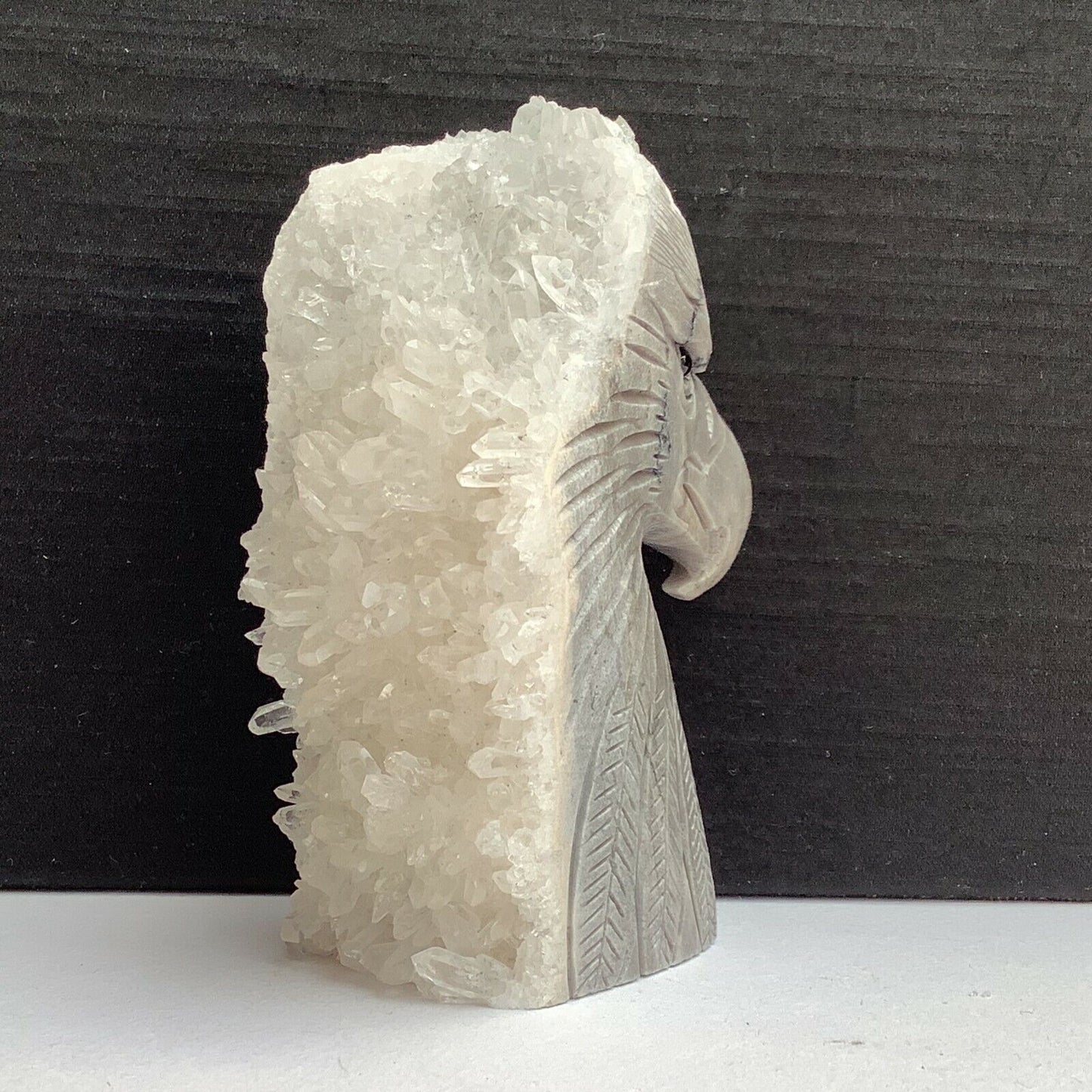 Stunning Stone Eagle with Quartz Crystals, 88mm Tall, 232g (Gray, White)