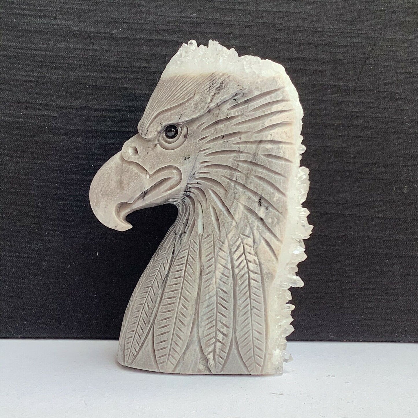 Stunning Stone Eagle with Quartz Crystals, 88mm Tall, 232g (Gray, White)