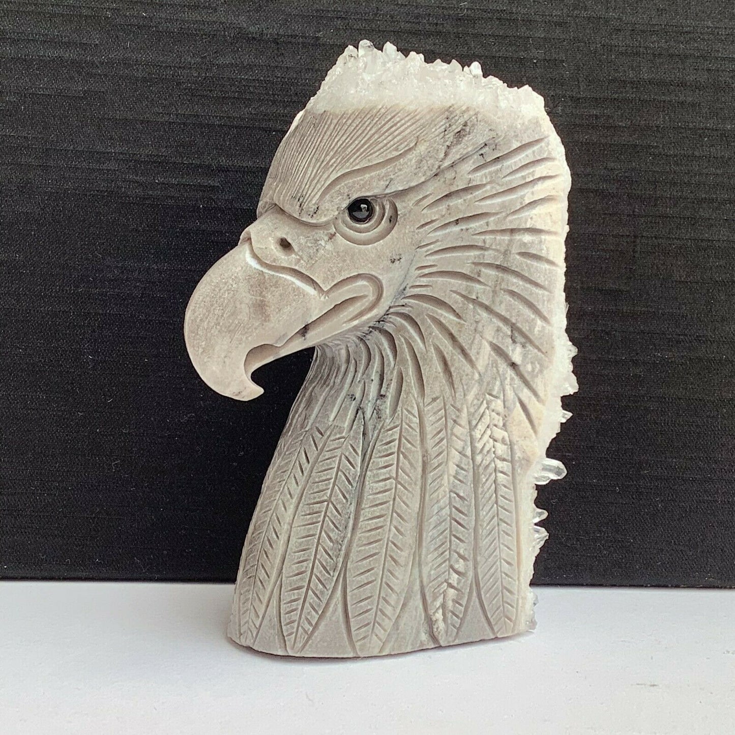 Stunning Stone Eagle with Quartz Crystals, 88mm Tall, 232g (Gray, White)