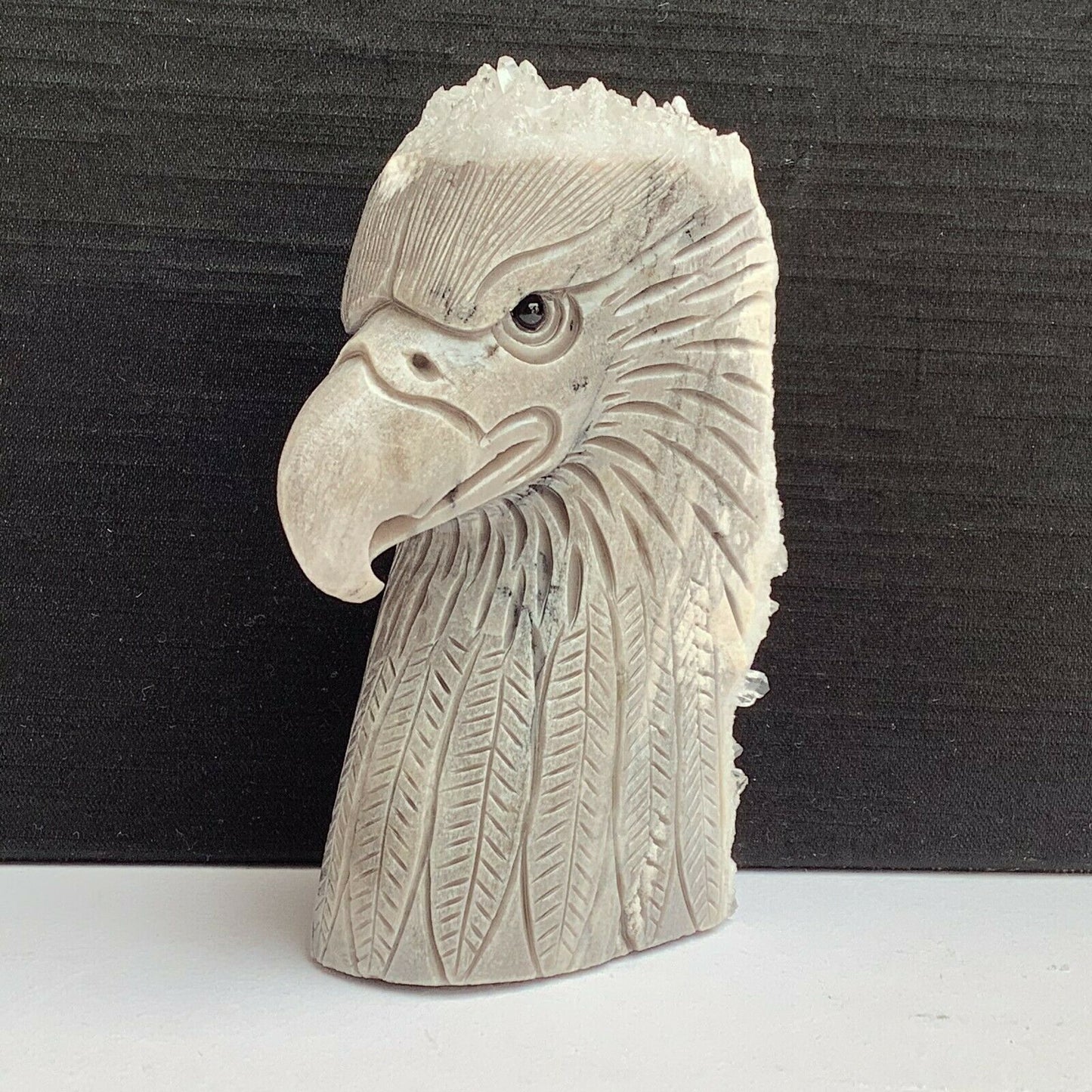 Stunning Stone Eagle with Quartz Crystals, 88mm Tall, 232g (Gray, White)