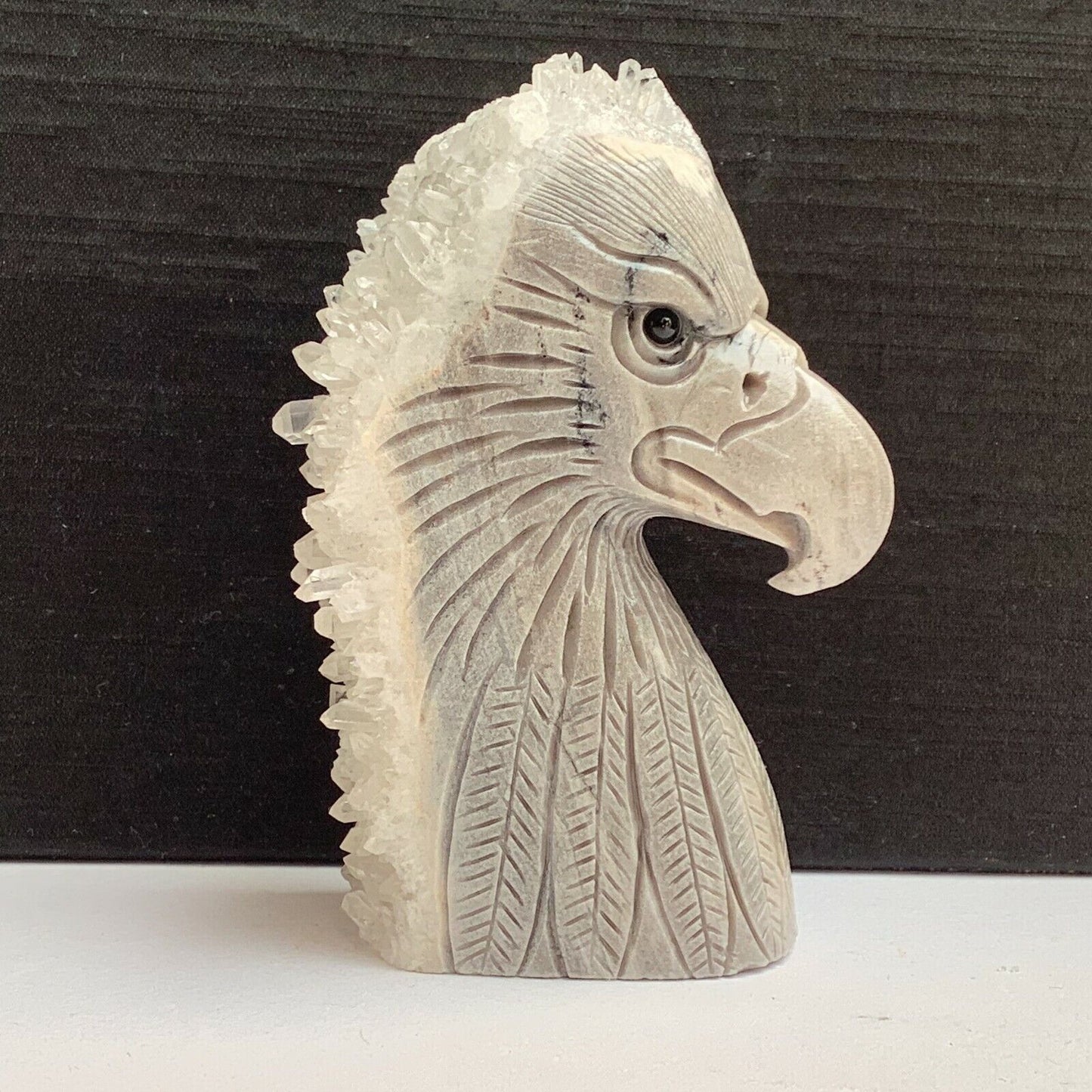 Stunning Stone Eagle with Quartz Crystals, 88mm Tall, 232g (Gray, White)