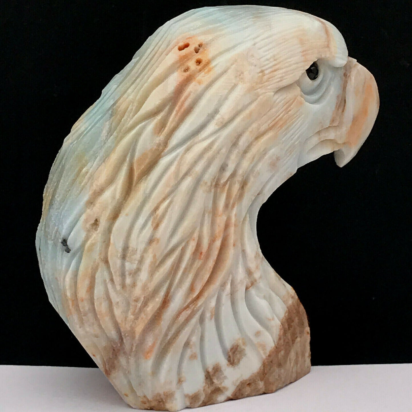 Stunning Amazonite Eagle with Geodic Crystals, 82mm Tall, 315g (Blue, White, Orange)