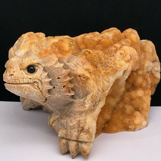 Precious Stone Dragon Baby with Quartz Crystals, 67mm Tall, 537g (Tan, Yellow, Orange)